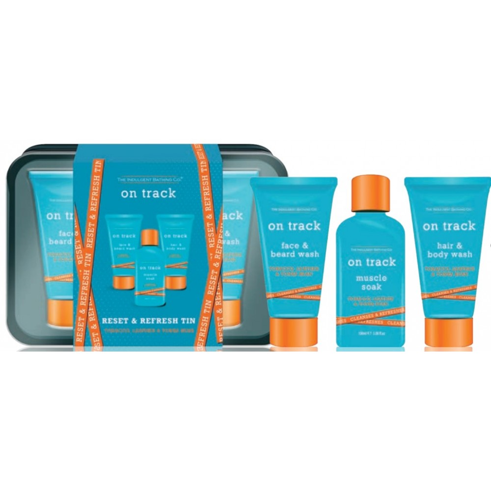 On Track Reset & Refresh Tin: 100ml Hair & Body Wash, 100ml Face & Body Wash, 100ml Muscle Soak, all in Coloured Tin