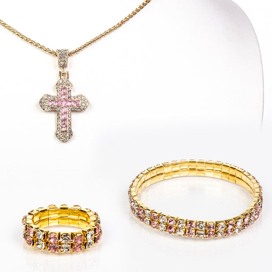 Schmuckgarnitur aus aus goldplattierter Legierung mit rosafarbenem Emporia® Kristall und weißem Emporia® Kristall