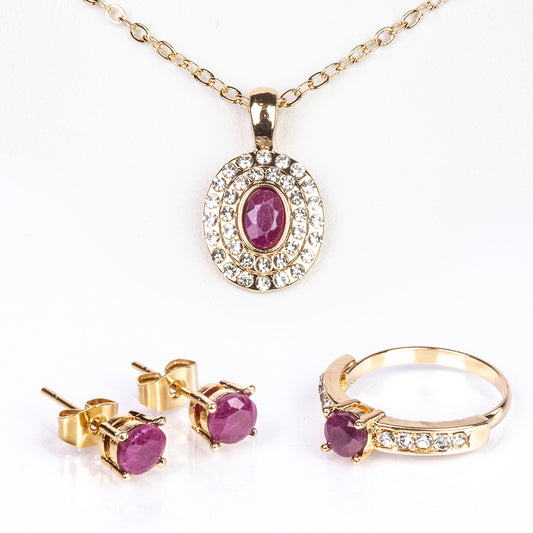 Schmuckgarnitur aus aus goldplattierter Legierung mit Rubin und weißem Emporia® Kristall