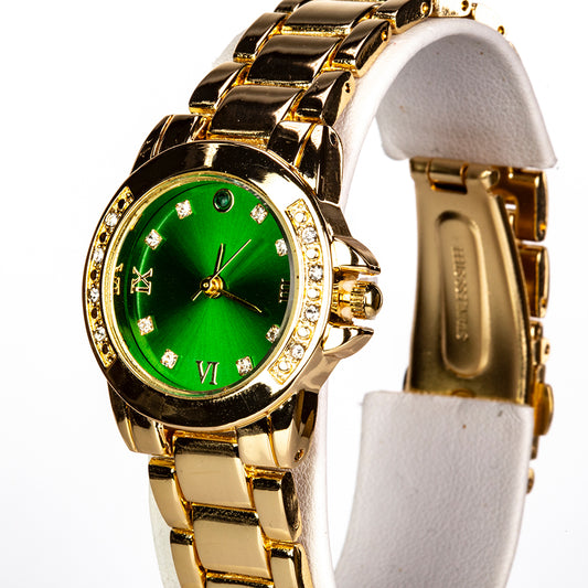 Uhr aus goldplattierter Legierung mit Smaragd und weißem Emporia® Kristall