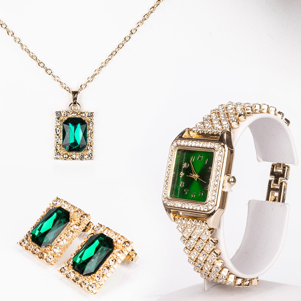 Uhr aus goldplattierter Legierung mit grünem Emporia® Kristall und weißem Emporia® Kristall 1 