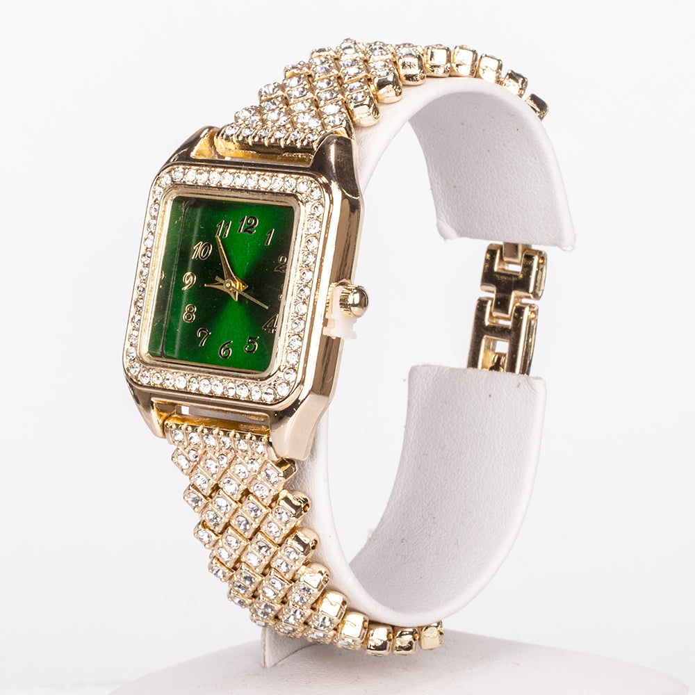 Uhr aus goldplattierter Legierung mit grünem Emporia® Kristall und weißem Emporia® Kristall