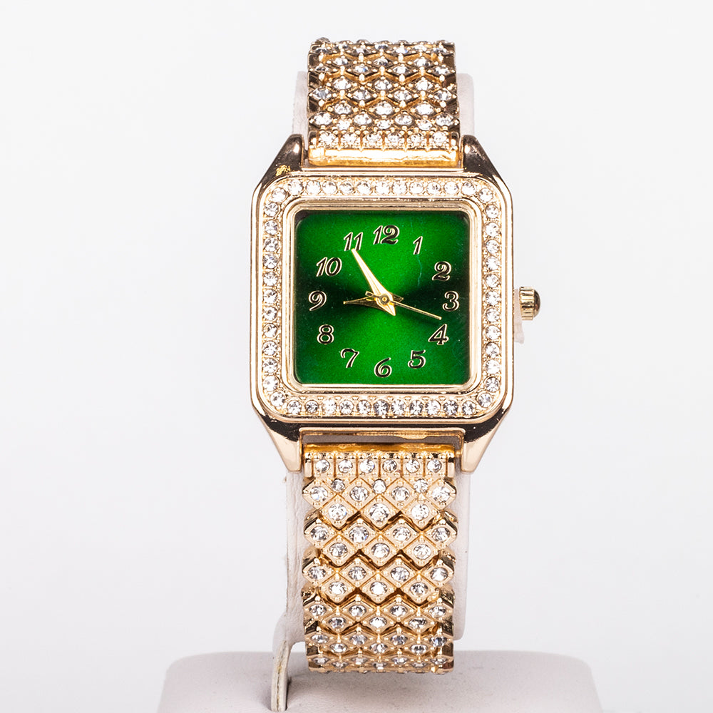 Uhr aus goldplattierter Legierung mit grünem Emporia® Kristall und weißem Emporia® Kristall