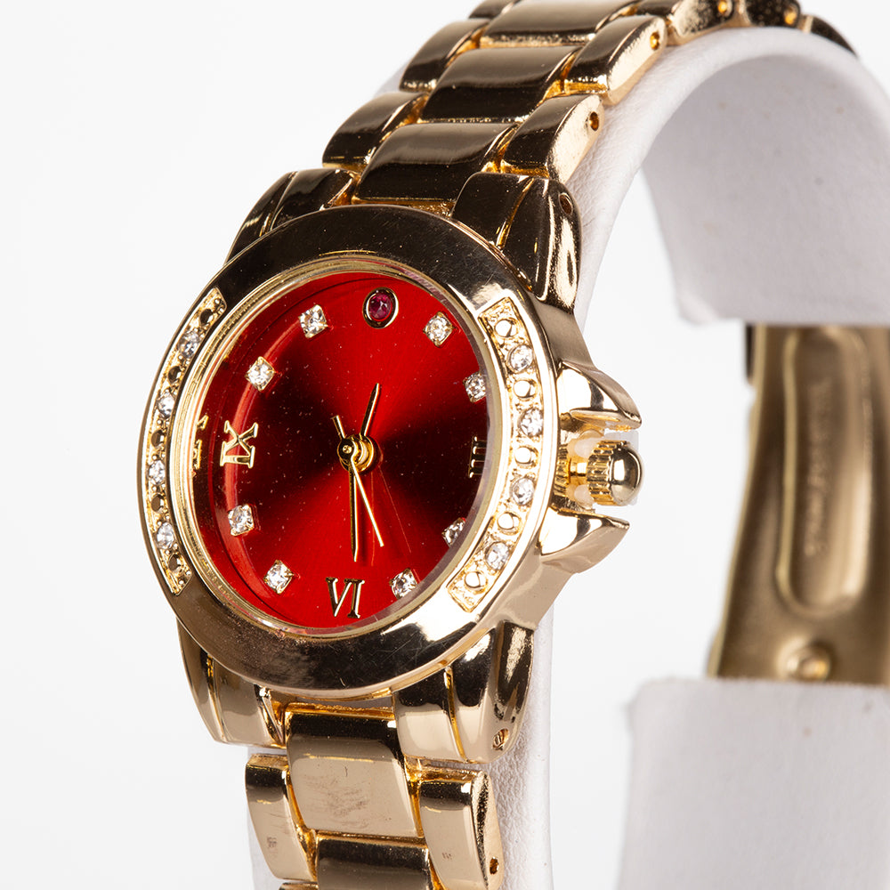 Uhr aus goldplattierter Legierung mit Rubin und weißem Emporia® Kristall