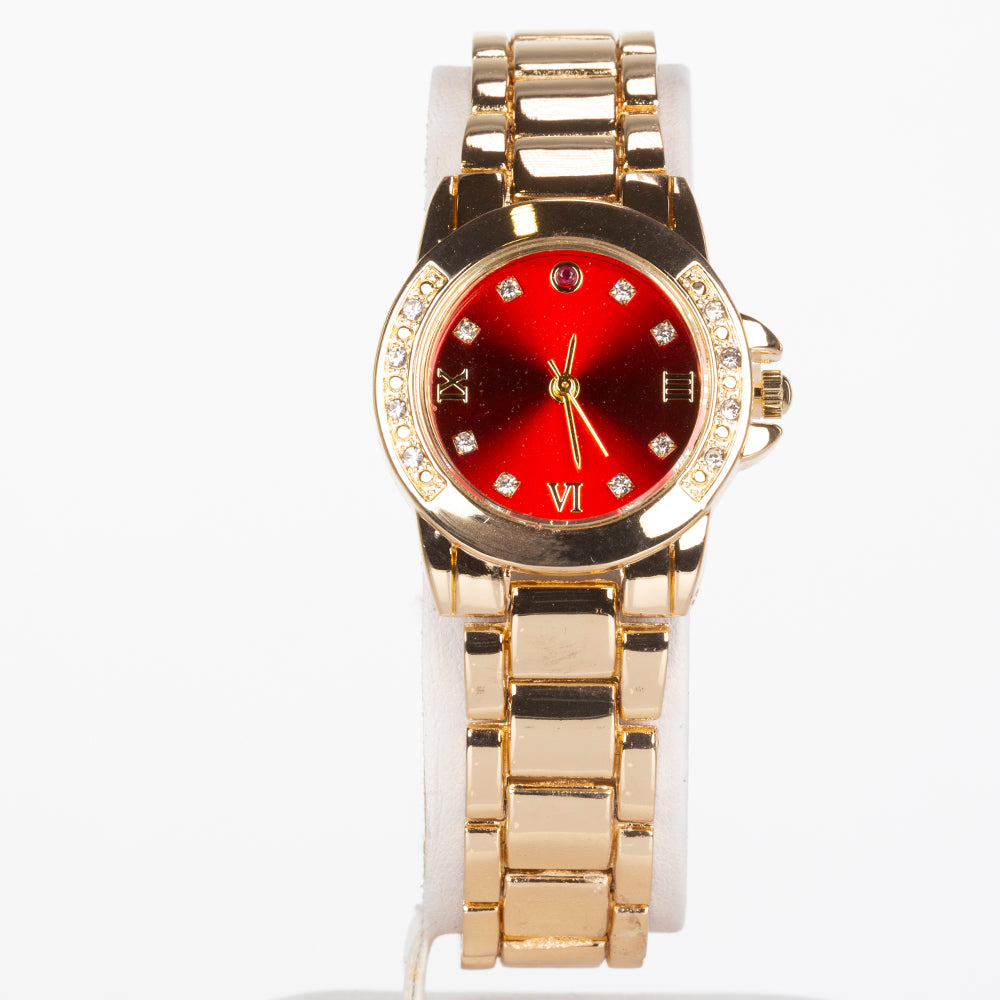Uhr aus goldplattierter Legierung mit Rubin und weißem Emporia® Kristall