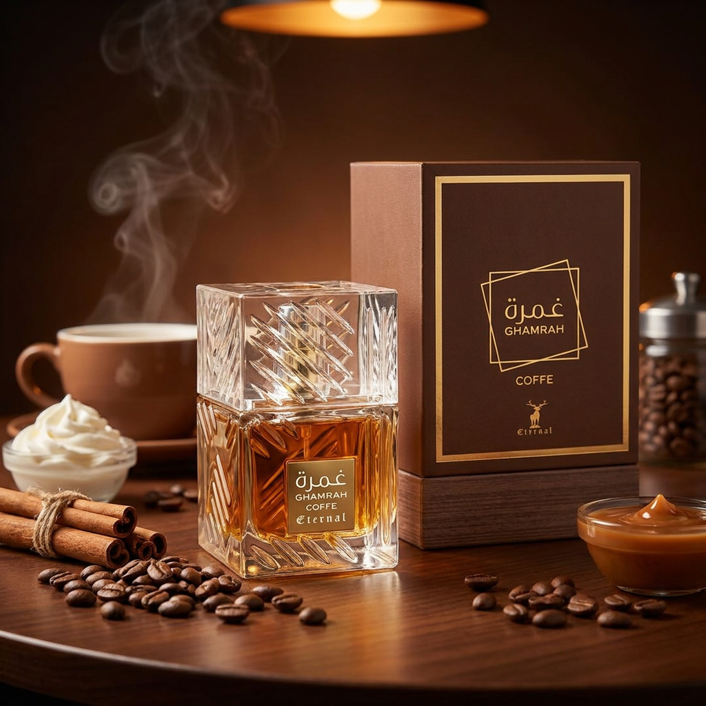 100 ml Eau de Perfume Oriental GHAMRAH COFFE (TOP: CINNAMON, CARDAMOM, GINGER; MIDDLE: PRALINE, COFFEE, WHITE FLOWERS; BASE: VANILLA, TONKA BEAN, BENZOIN, MUSK)