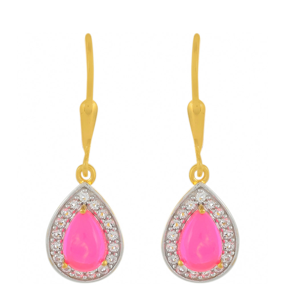 Goldplattierte Silberohrringe mit äthiopischem neon pink Opal und weißem Topas