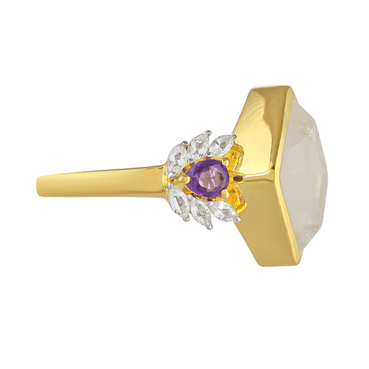 Goldplattierter Silberring mit Regenbogenmondstein und brasilianischem Amethyst