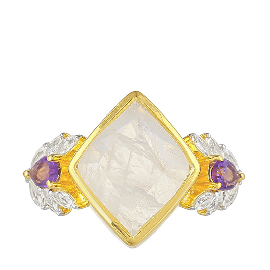 Goldplattierter Silberring mit Regenbogenmondstein und brasilianischem Amethyst