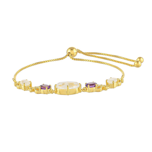 Goldplattiertes Silberarmband mit Regenbogenmondstein und brasilianischem Amethyst