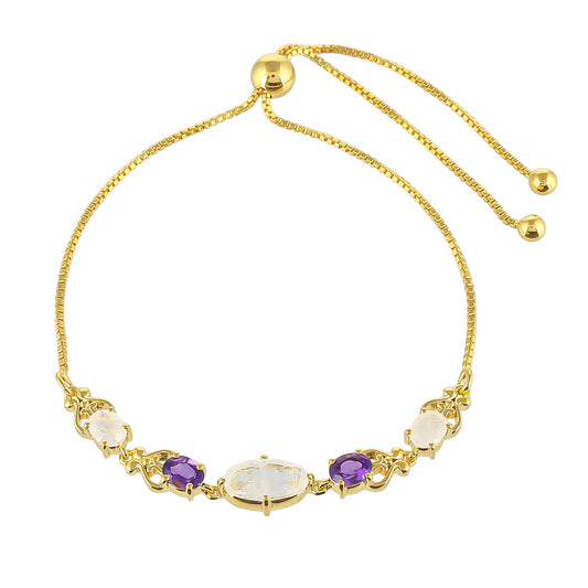 Goldplattiertes Silberarmband mit Regenbogenmondstein und brasilianischem Amethyst
