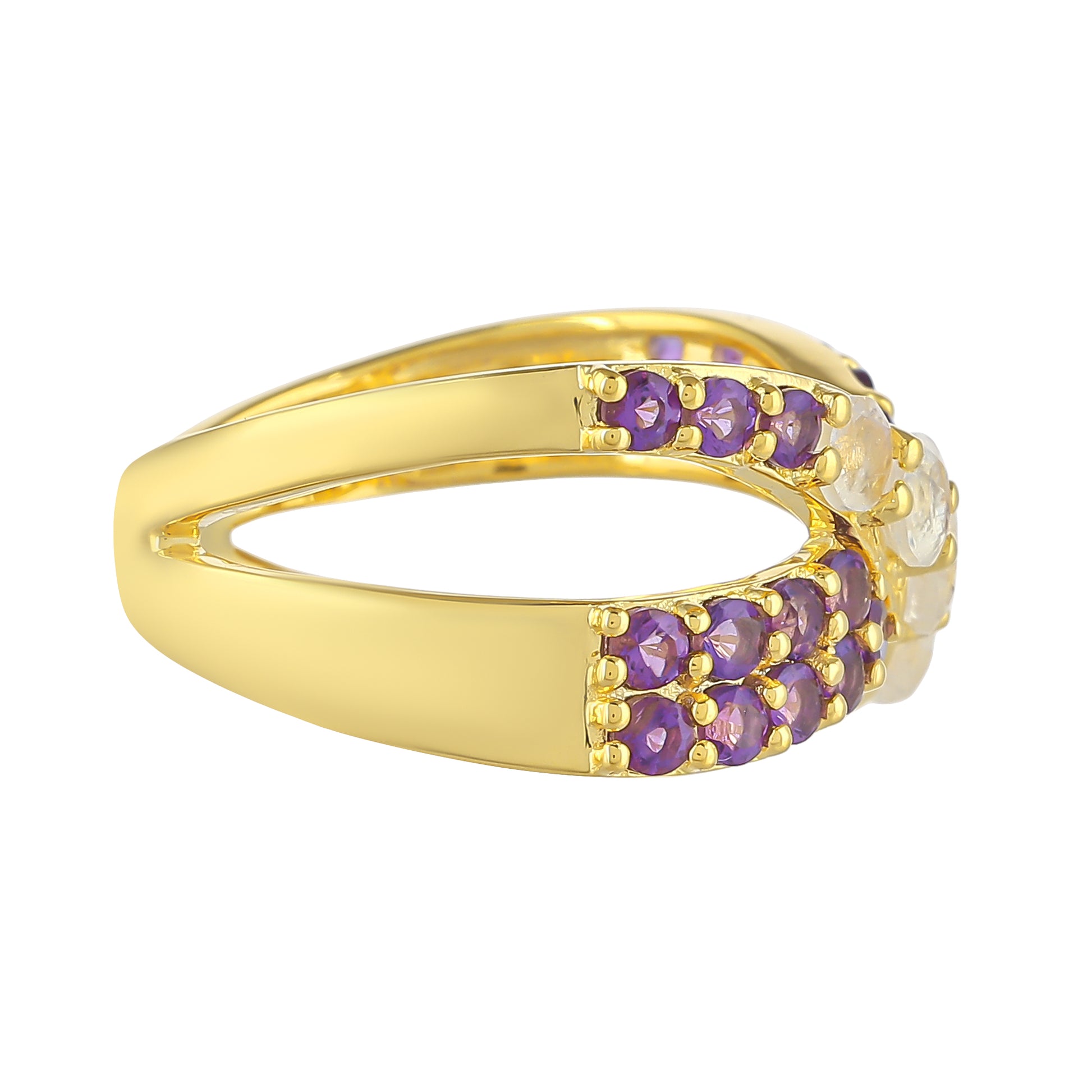 Goldplattierter Silberring mit Regenbogenmondstein und brasilianischem Amethyst 2 