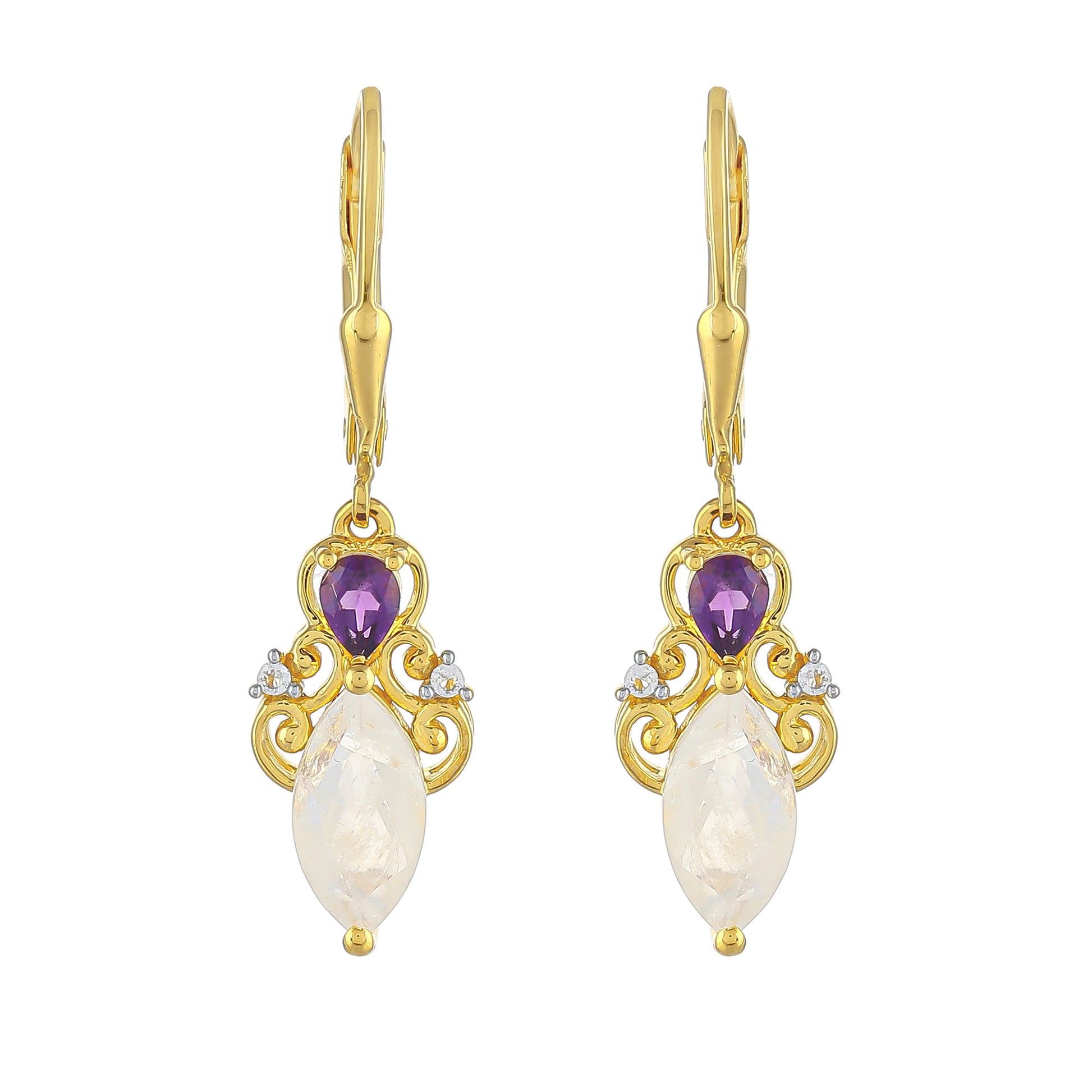 Goldplattierte Silberohrringe mit Regenbogenmondstein und brasilianischem Amethyst 1 