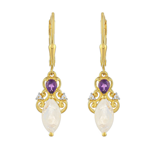 Goldplattierte Silberohrringe mit Regenbogenmondstein und brasilianischem Amethyst