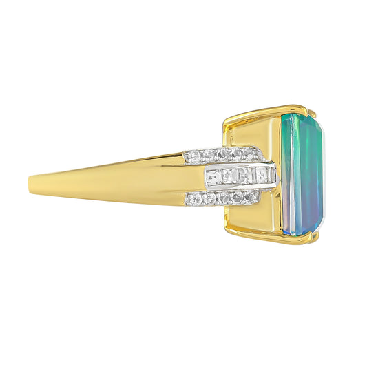 Goldplattierter Silberring mit Pfauenquarz und weißem Topas