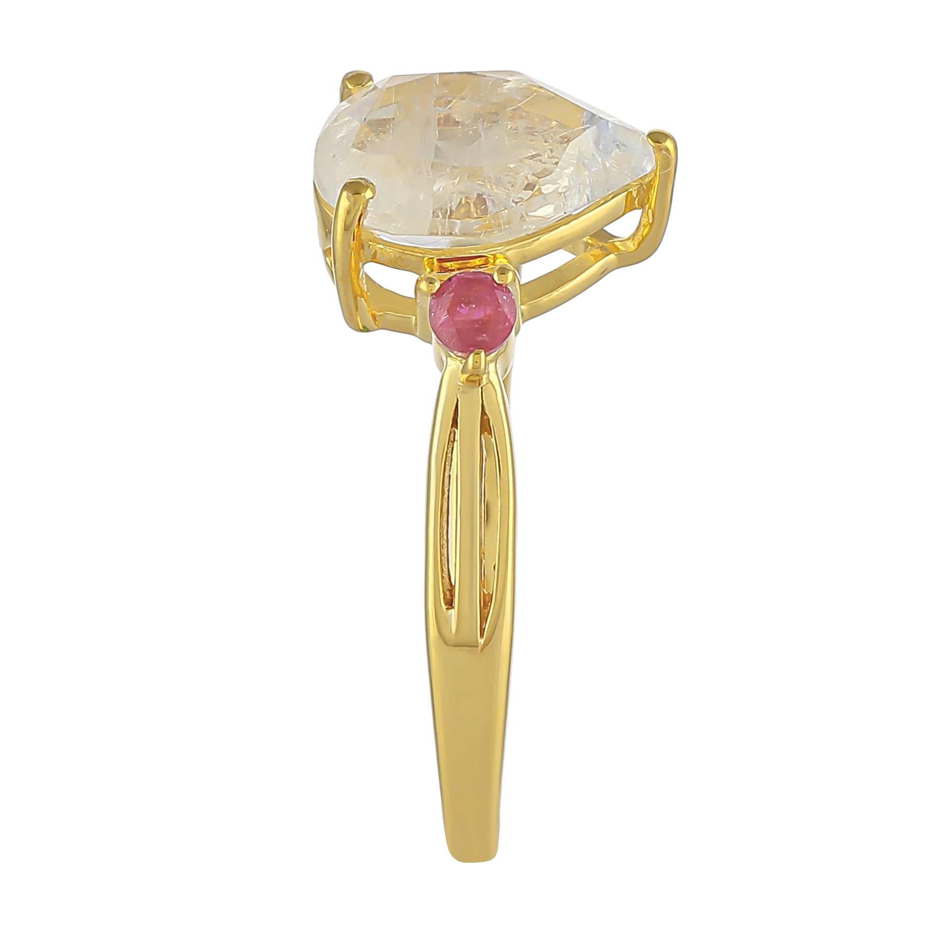 Goldplattierter Silberring mit Regenbogenmondstein und Thai Rubin 3 