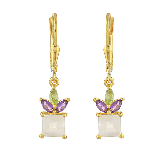 Goldplattierte Silberohrringe mit Regenbogenmondstein und brasilianischem Amethyst