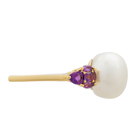 Goldring mit Amethyst und weißer Süßwasserperle