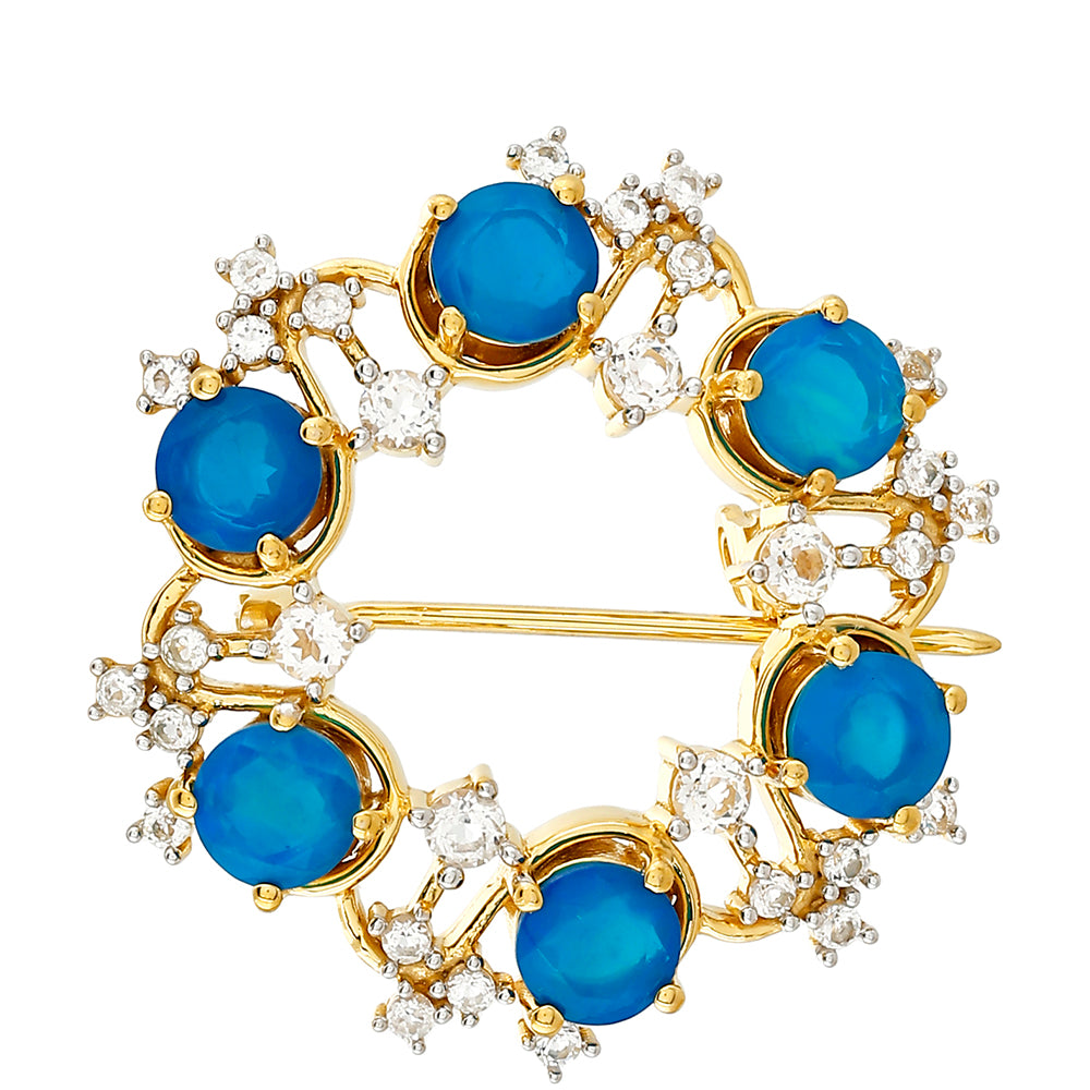 Goldplattierte Silberbrosche mit äthiopischem Paraiba-Blauopal und weißem Topas