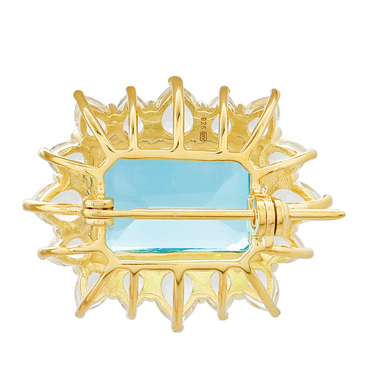 Goldplattierte Silberbrosche mit Paraiba Quarz und weißem Topas