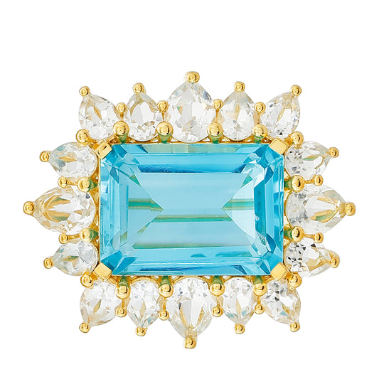 Goldplattierte Silberbrosche mit Paraiba Quarz und weißem Topas