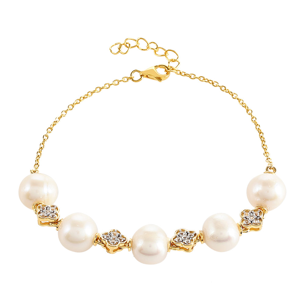Goldplattiertes Silberarmband mit barocker Süßwasserzuchtperle und weißem Topas 1 