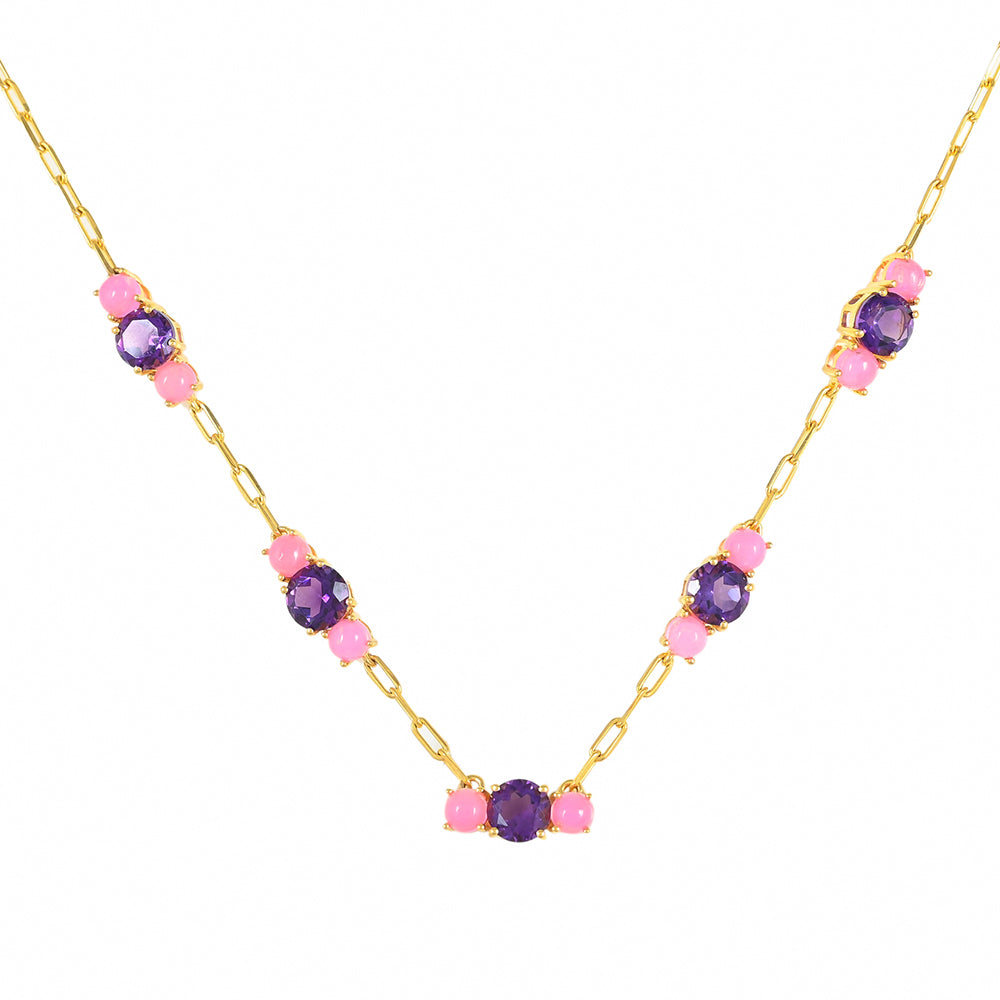 Goldplattierte Silberhalskette mit marokkanischem Amethyst und äthiopischem neon pink Opal 1 