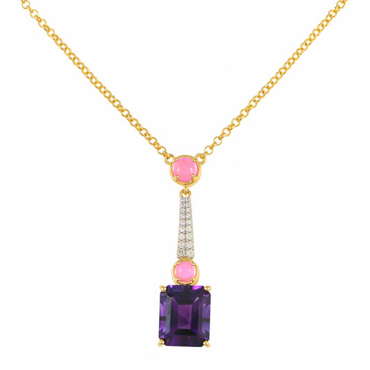 Goldplattierte Silberhalskette mit marokkanischem Amethyst und äthiopischem neon pink Opal