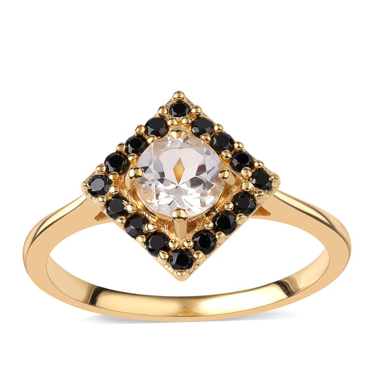 Goldplattierter Silberring mit schwarzem Spinell und weißem Topas