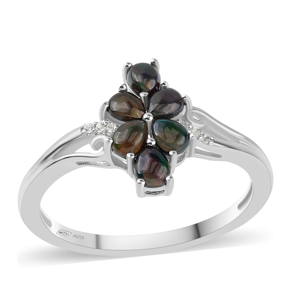 Silberring mit mitternachtsschwarzem äthiopischen Opal aus Lega Dembi und weißem Topas