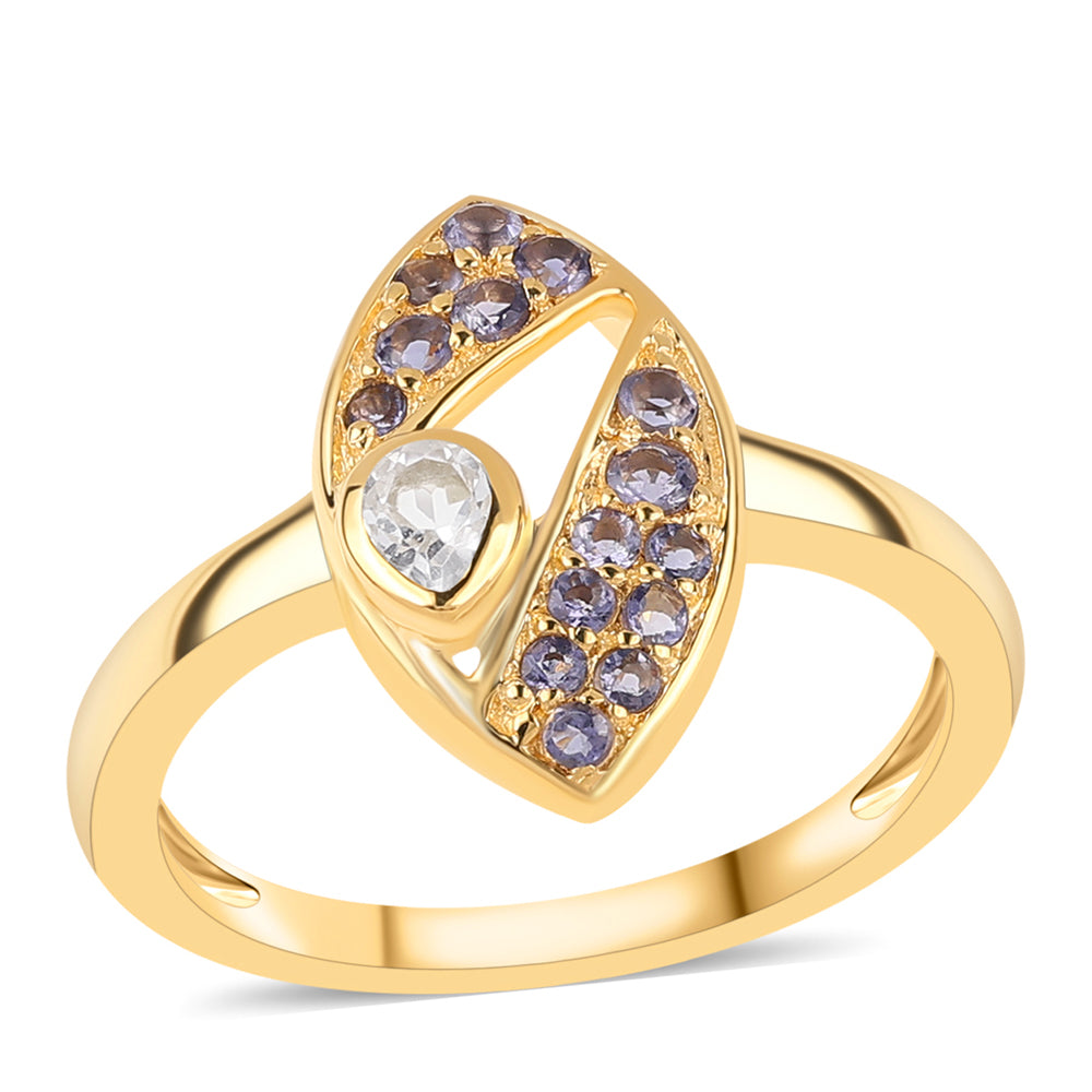 Goldplattierter Silberring mit Iolith und weißem Topas 1 
