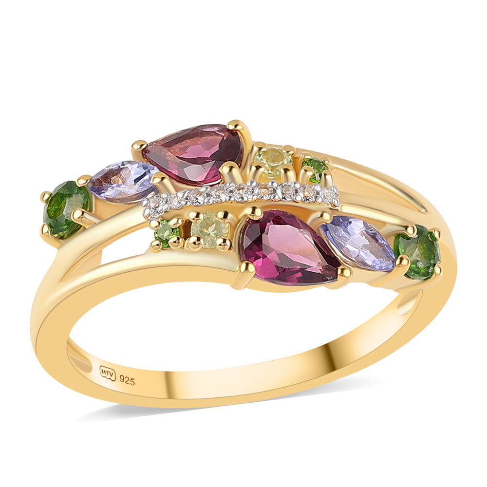Goldplattierter Silberring mit Rhodolith Granat und Tansanit 1 