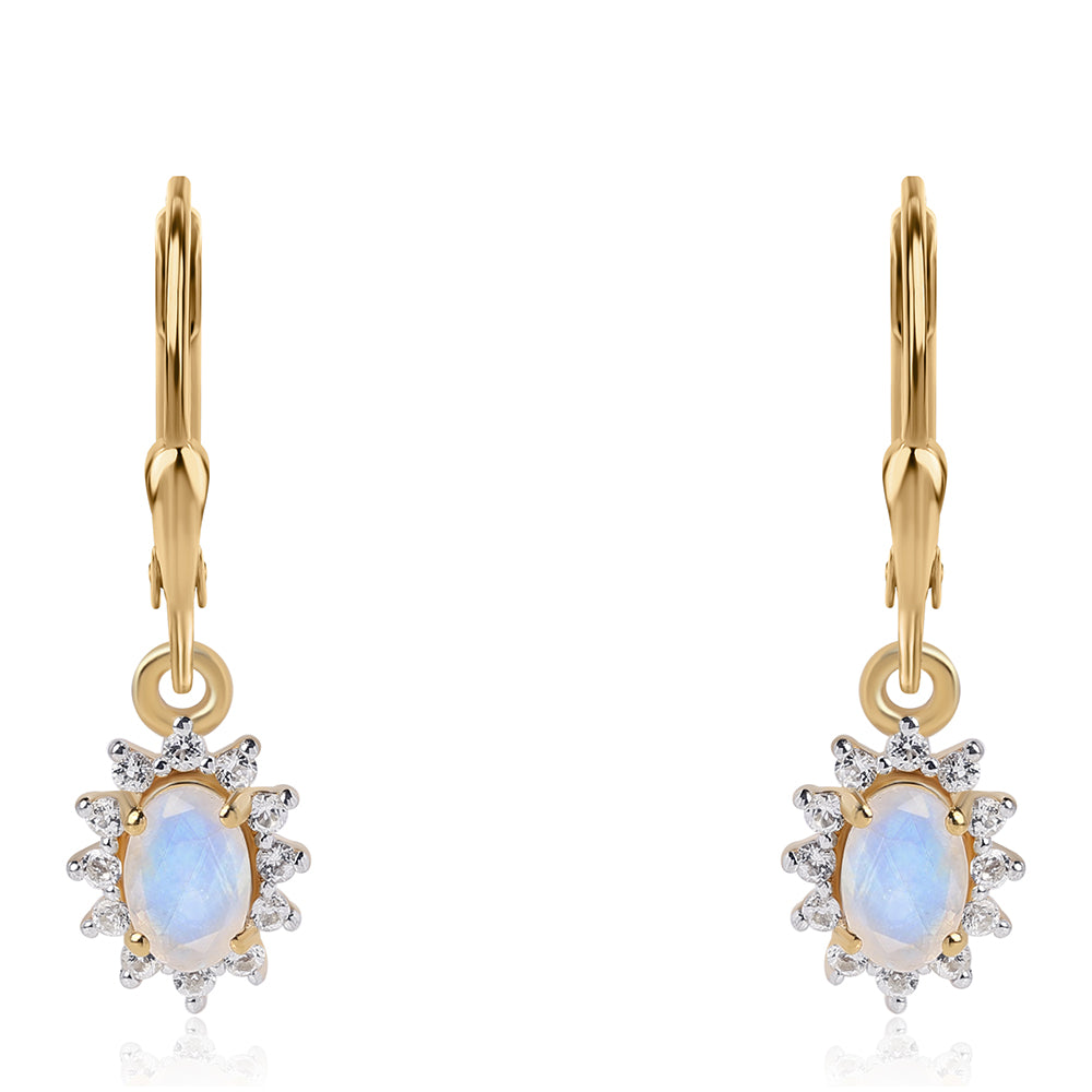 Goldplattierte Silberohrringe mit Regenbogenmondstein - Klasse AA und weißem Topas