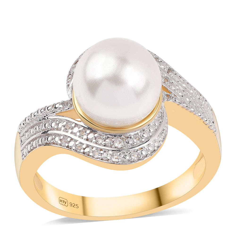 Goldplattierter Silberring mit weißer Süßwasserperle und weißem Topas 1 