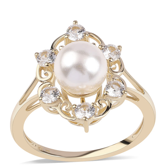 Goldring mit weißer Süßwasserperle und weißem Zirkon