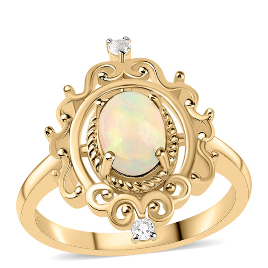 Goldplattierter Silberring mit äthiopischem Opal aus Lega Dembi und weißem Topas