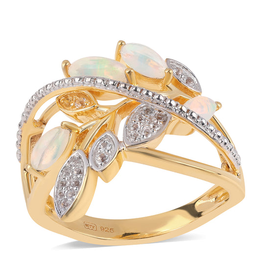 Goldplattierter Silberring mit äthiopischem Opal aus Lega Dembi und weißem Topas