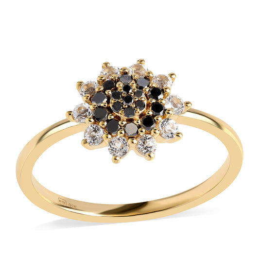 Goldplattierter Silberring mit schwarzem Diamant und weißem Topas