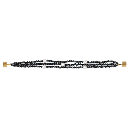 Goldplattiertes Silberarmband mit schwarzem Spinell und weißer Süßwasserperle