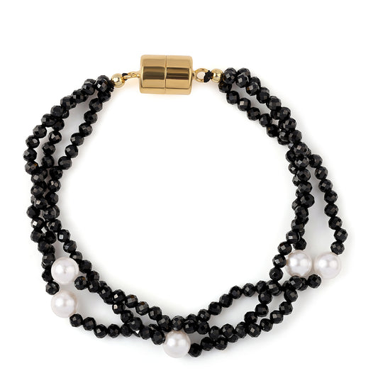 Goldplattiertes Silberarmband mit schwarzem Spinell und weißer Süßwasserperle