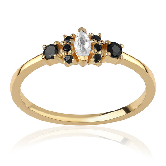 Goldplattierter Silberring mit schwarzem Spinell und weißem Topas