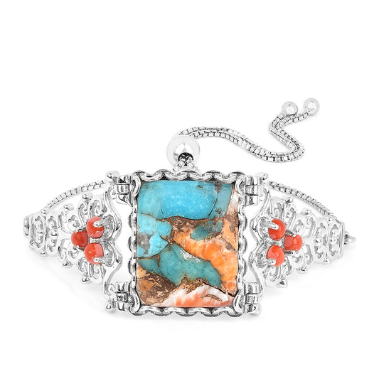 Silberarmband mit Austerntürkis und roter Koralle