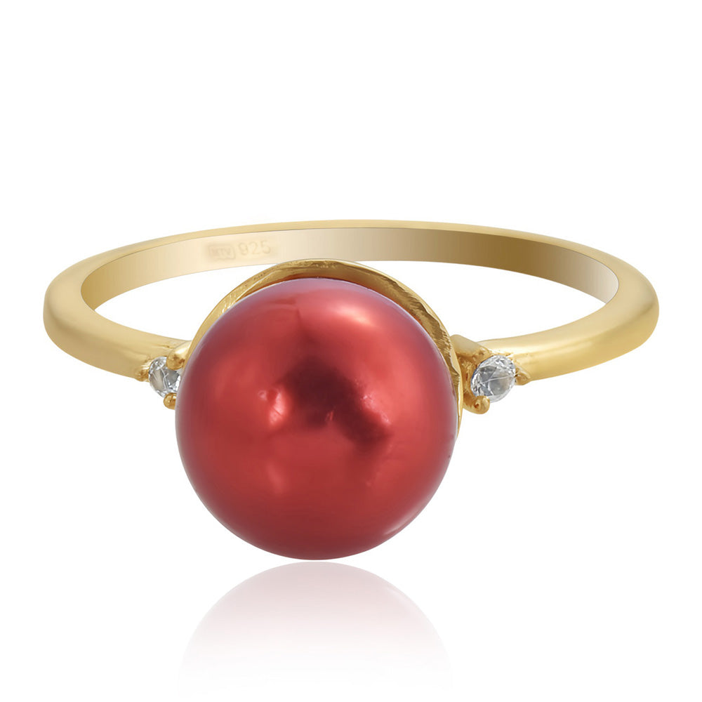 Goldplattierter Silberring mit roter Süßwasserperle und weißem Topas 1 