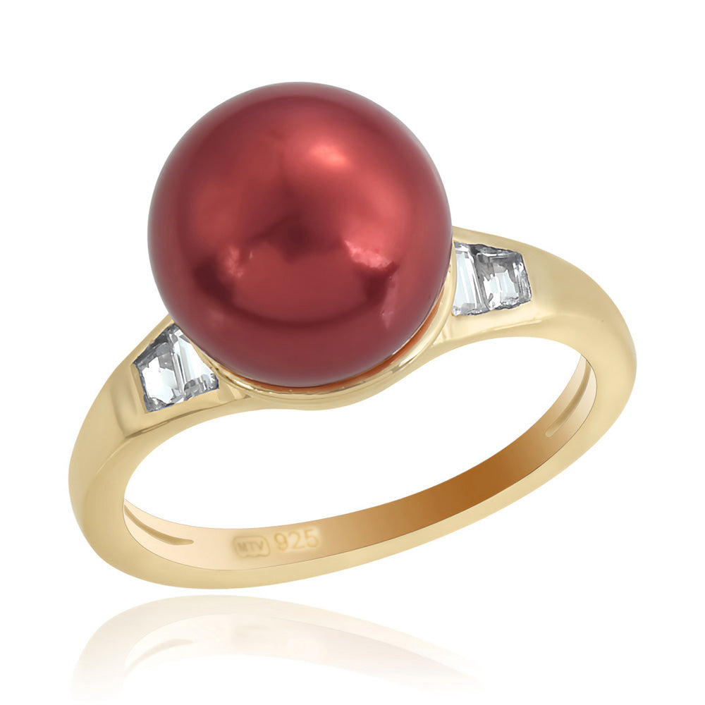 Goldplattierter Silberring mit roter Süßwasserperle und weißem Topas