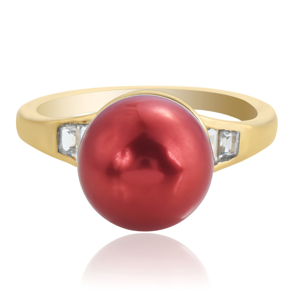 Goldplattierter Silberring mit roter Süßwasserperle und weißem Topas
