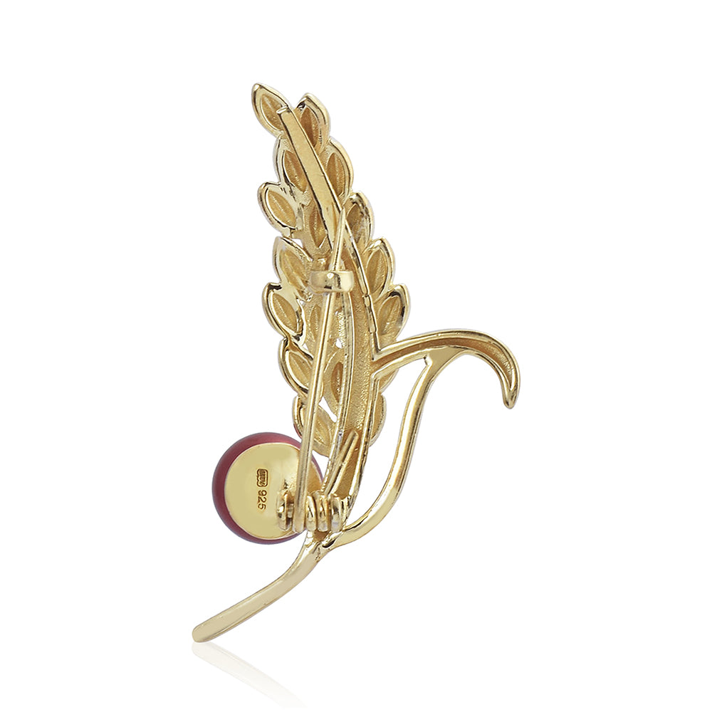 Goldplattierte Silberbrosche mit roter Süßwasserperle 2 