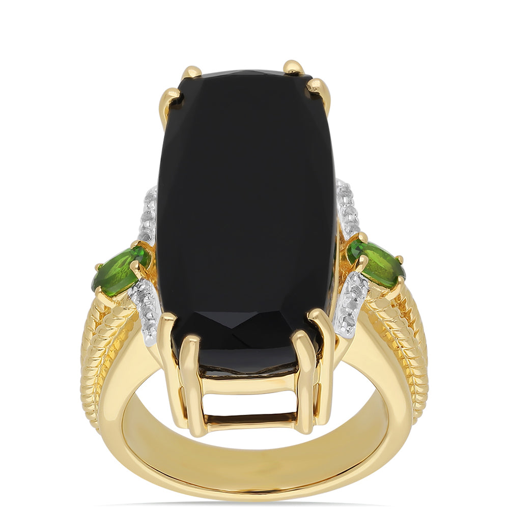 Goldplattierter Silberring mit schwarzem Onyx und Chromdiopsid 1 