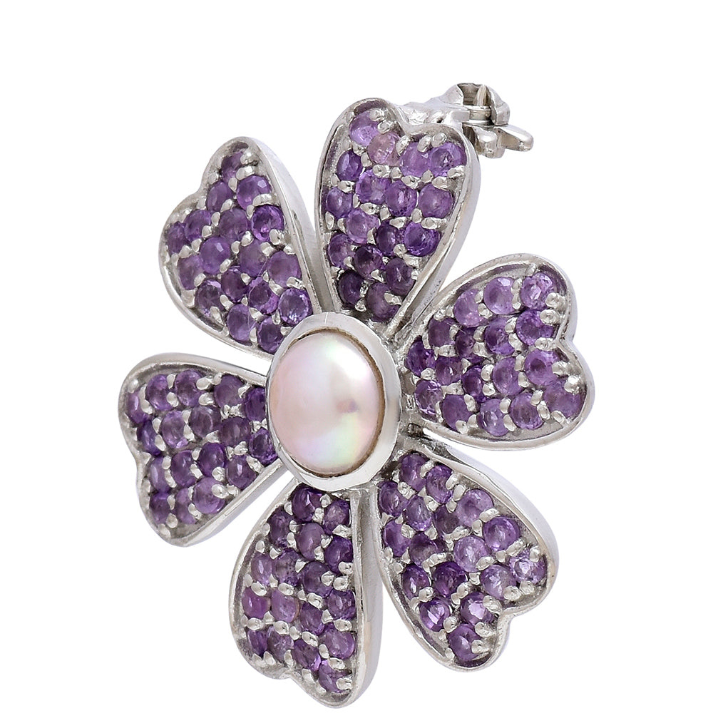 Silberbrosche mit marokkanischem Amethyst und weißer Süßwasserperle