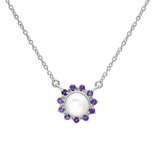 Silberhalskette mit marokkanischem Amethyst und weißer Süßwasserperle