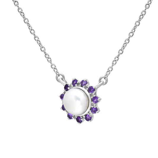 Silberhalskette mit marokkanischem Amethyst und weißer Süßwasserperle
